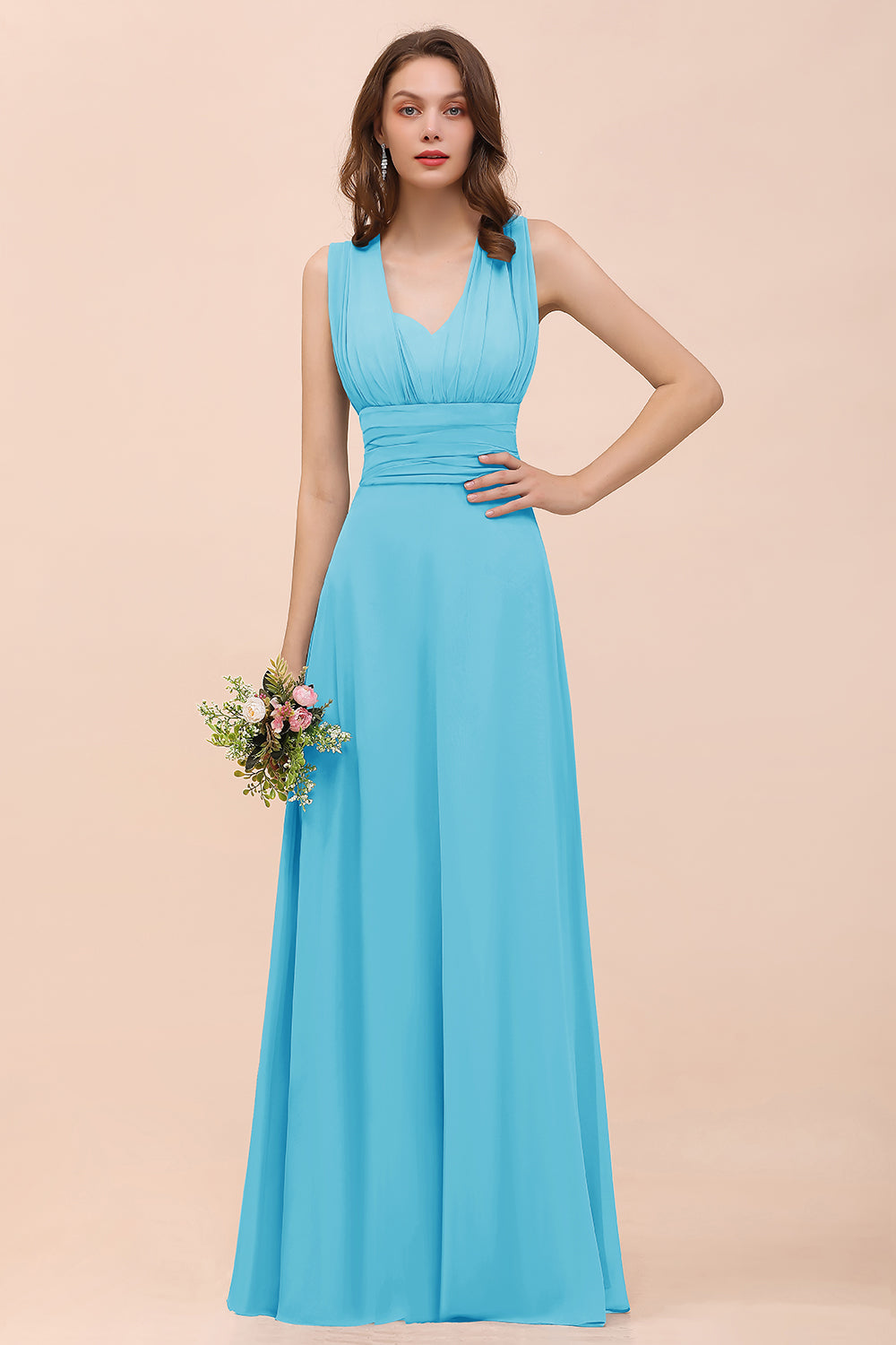 New Arrival Dusty Blue Ruched Long Convertible Bridesmaid Dresses-Babyonlines