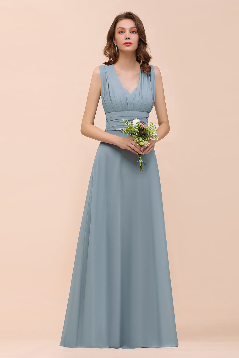New Arrival Dusty Blue Ruched Long Convertible Bridesmaid Dresses-Babyonlines