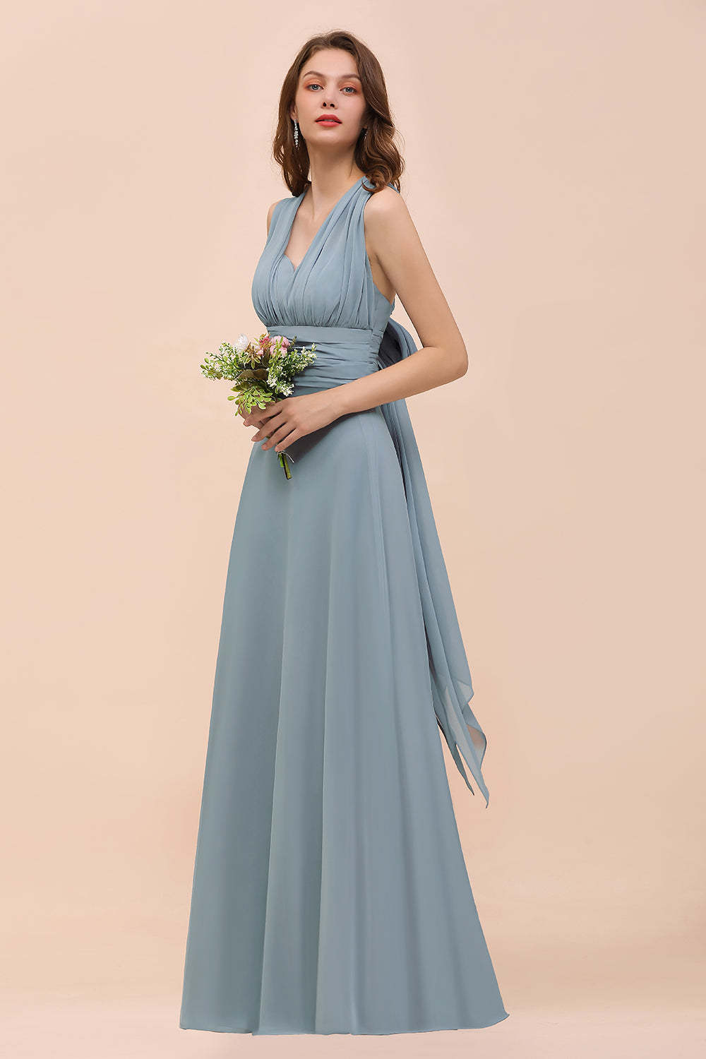 New Arrival Dusty Blue Ruched Long Convertible Bridesmaid Dresses-Babyonlines