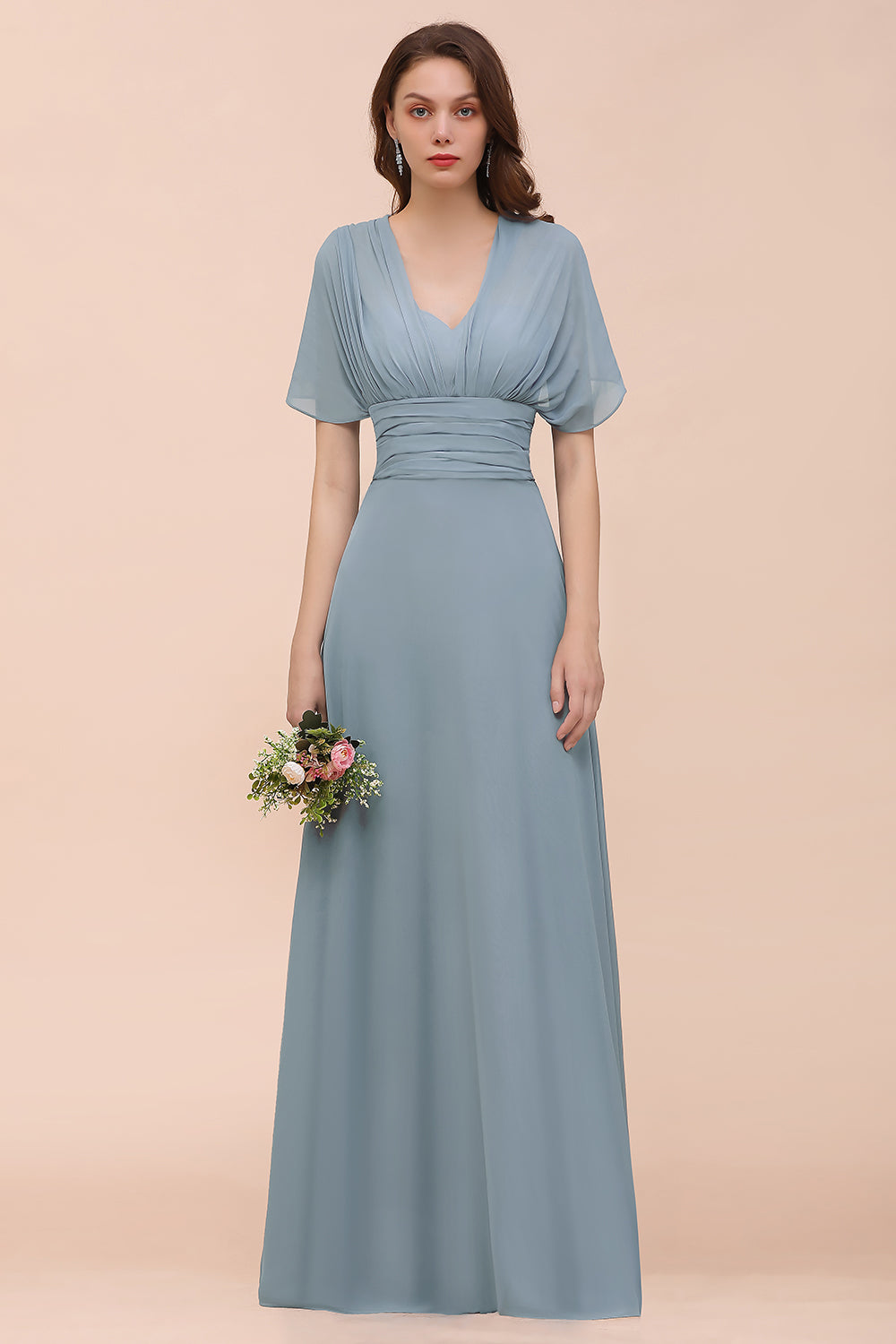 New Arrival Dusty Blue Ruched Long Convertible Bridesmaid Dresses-Babyonlines