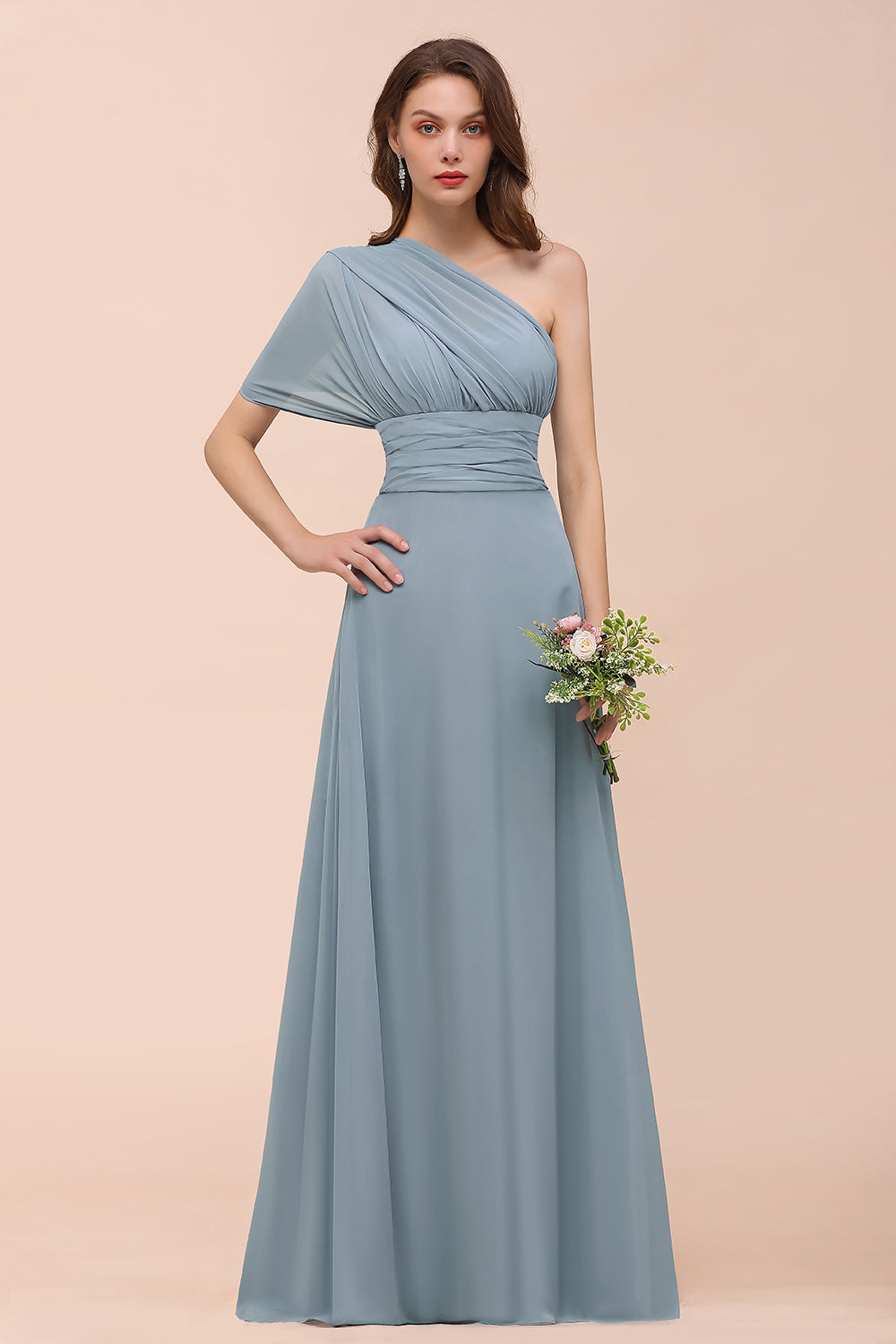 New Arrival Dusty Blue Ruched Long Convertible Bridesmaid Dresses-Babyonlines