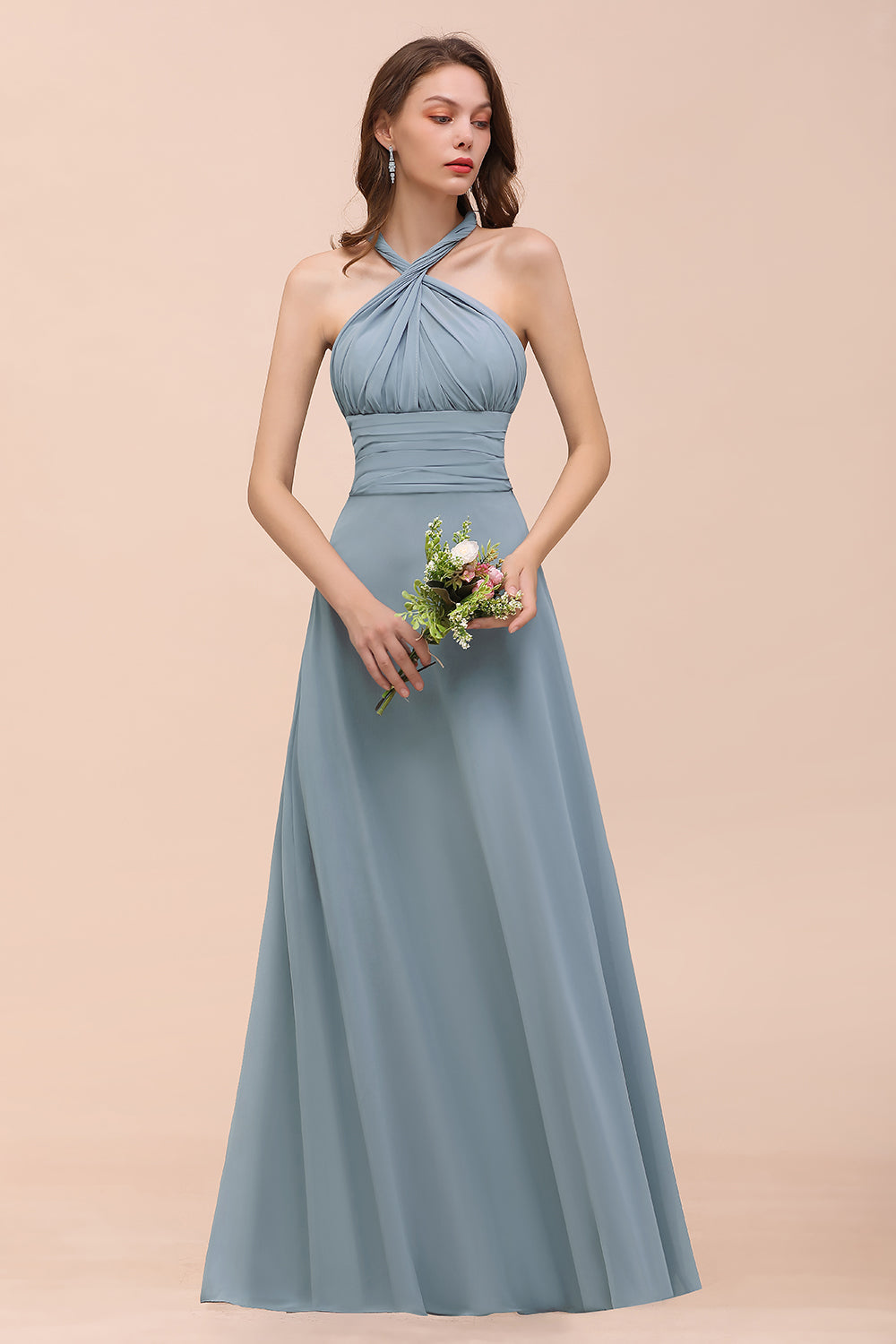 New Arrival Dusty Blue Ruched Long Convertible Bridesmaid Dresses-Babyonlines