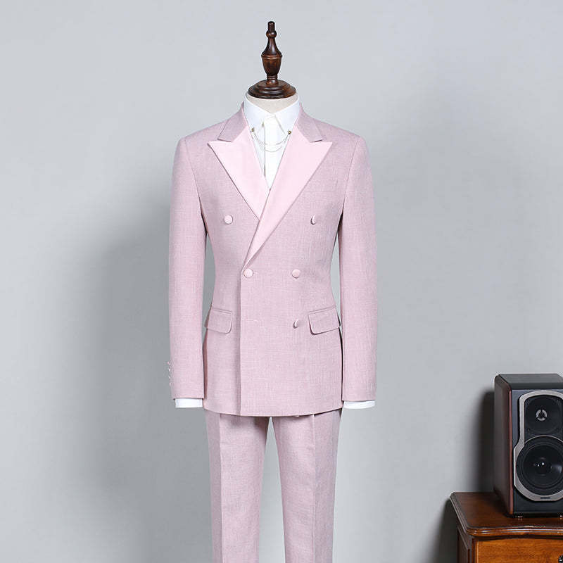 New Double-Breasted Pink Reception Suit with Peaked Lapel for Men