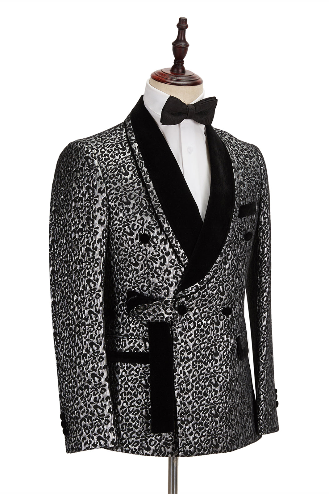 New Silver Leopard Double-Breasted Prom Suit with Jacquard Shawl Lapel for Men