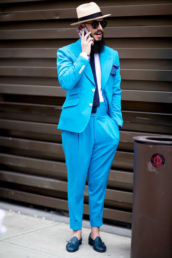 Ocean Blue Designer Wedding Suit with Peaked Lapel for Men