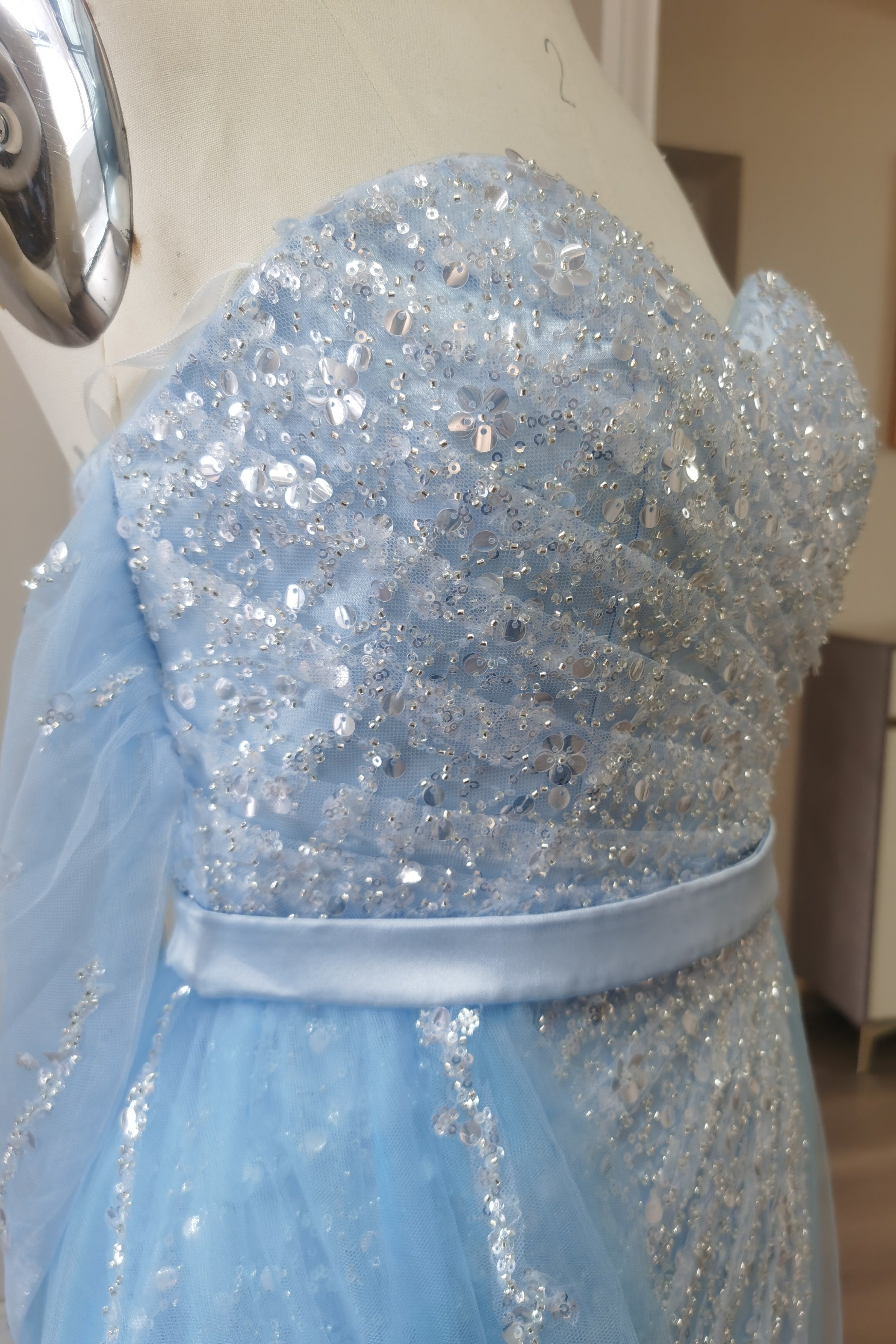 Off-the-Shoulder Sky Blue Prom Dress with Sequins and Slit