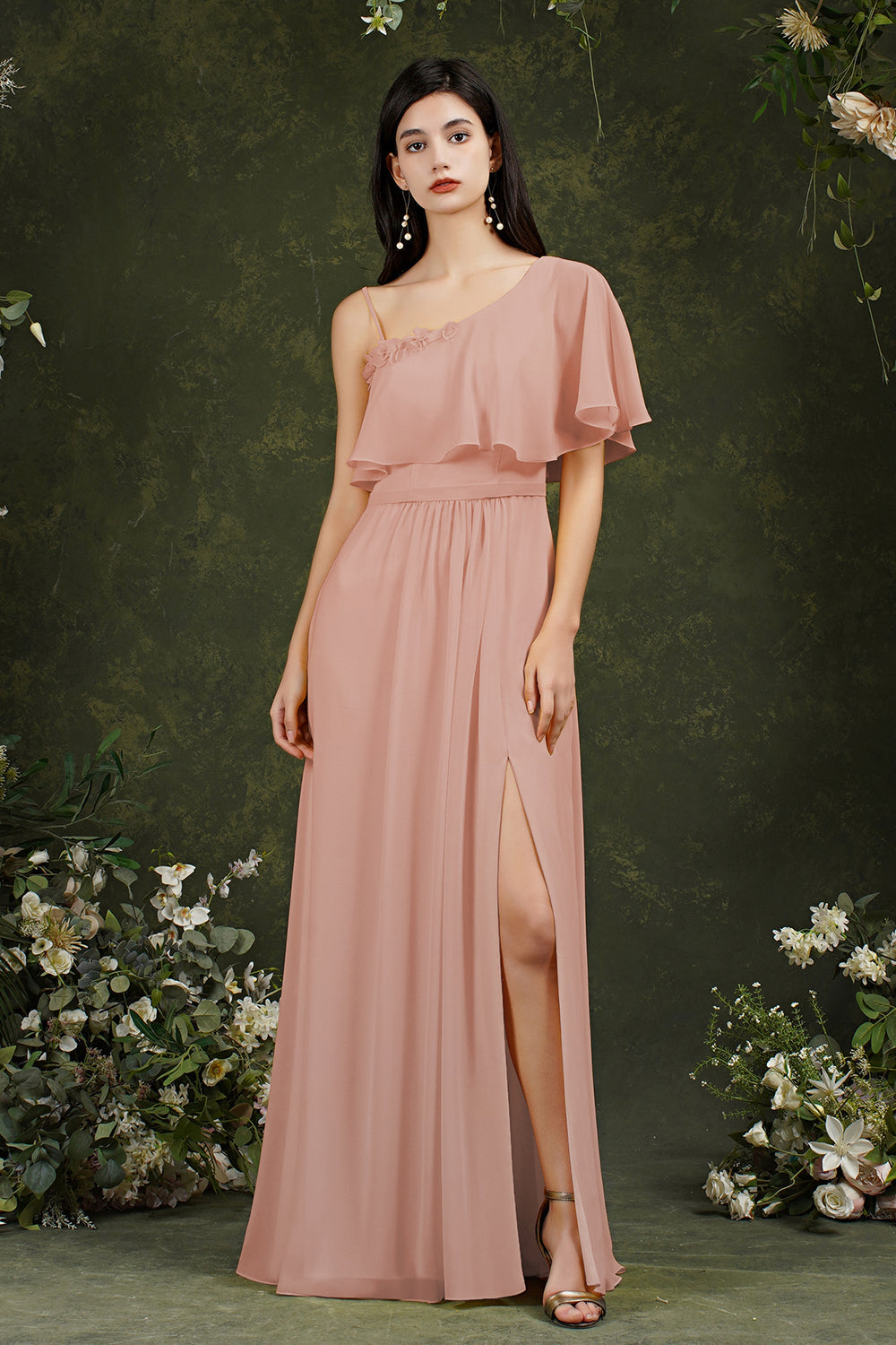 One Shoulder Ruffles Bridesmaid Dress Long With Slit-Babyonlines