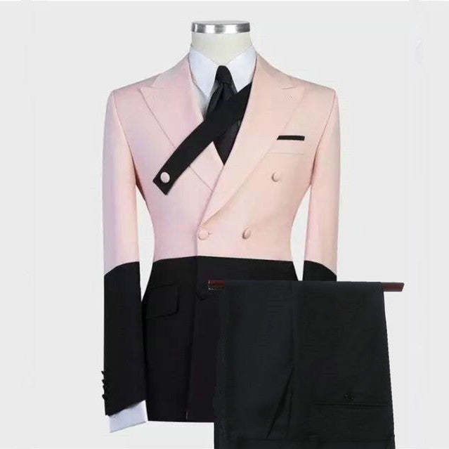 Pink and Black Double-Breasted Ring Bearer Suit with Peaked Lapel