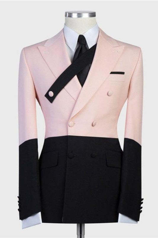 Pink and Black Double-Breasted Ring Bearer Suit with Peaked Lapel