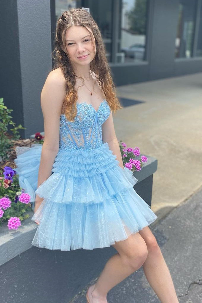 Pink Appliques Strapless A-line Multi-Layers Homecoming Dress