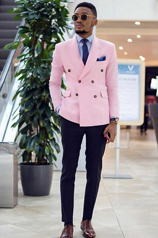Pink Double-Breasted Wedding Suit with Peaked Lapel for Men