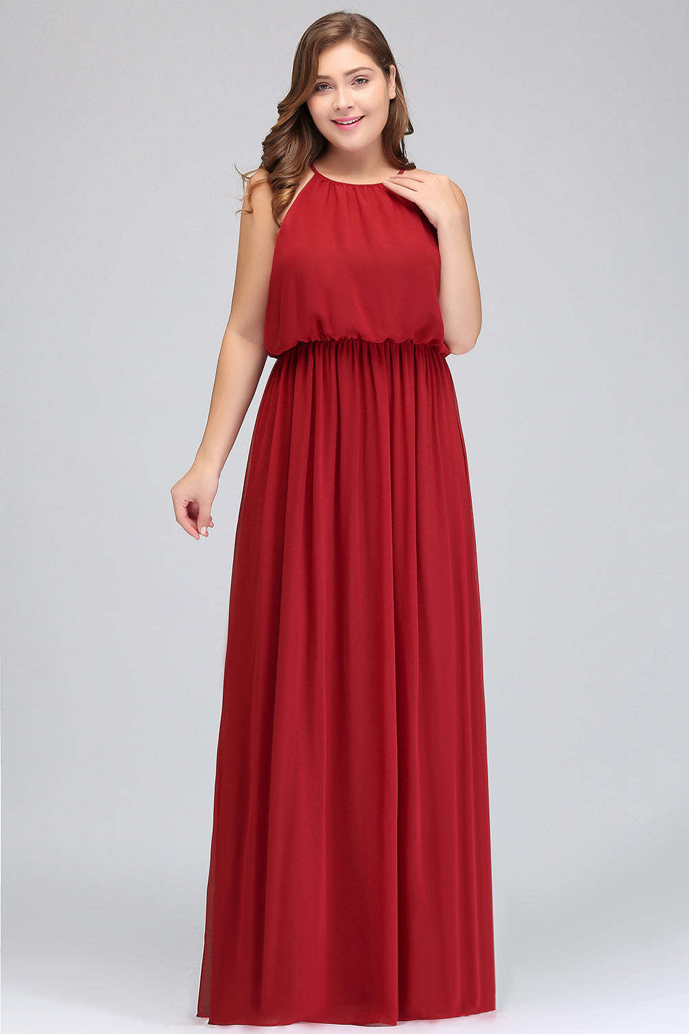 Plus Size Elegant Halter Red Chiffon Long Bridesmaid Dresses with Ruffle-Babyonlines