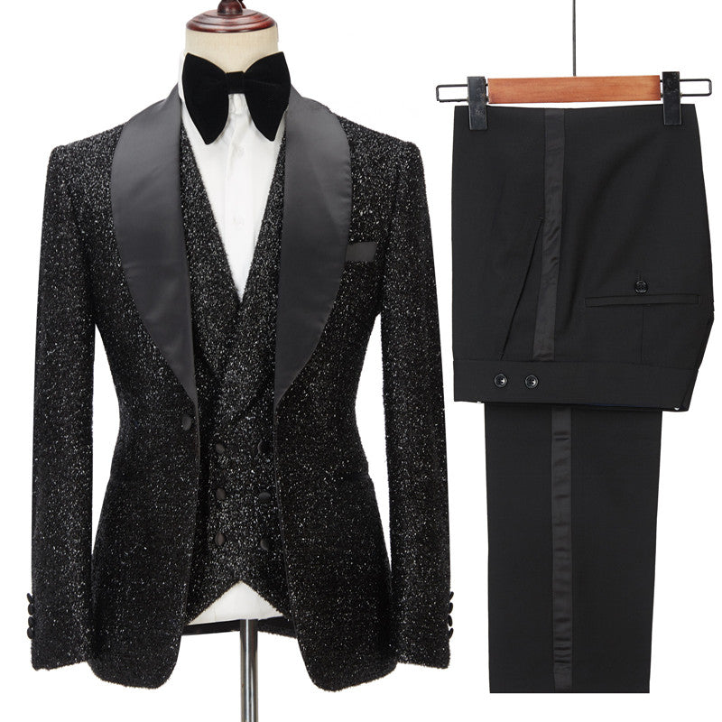 Popular Black Three-Piece Groomsmen Tuxedo with Sparkly Shawl Lapel