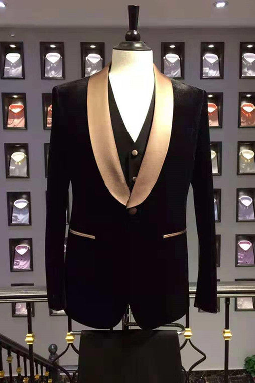 Popular Black Wedding Suit with Champagne Shawl Lapel for Men?��s Events