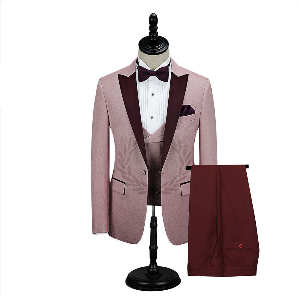 Popular Burgundy Evening Suit with Peak Lapel and Pink One Button