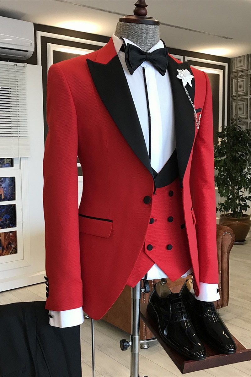 Popular Red Three-Piece Wedding Suit for Men 2024 with Black Peaked Lapel