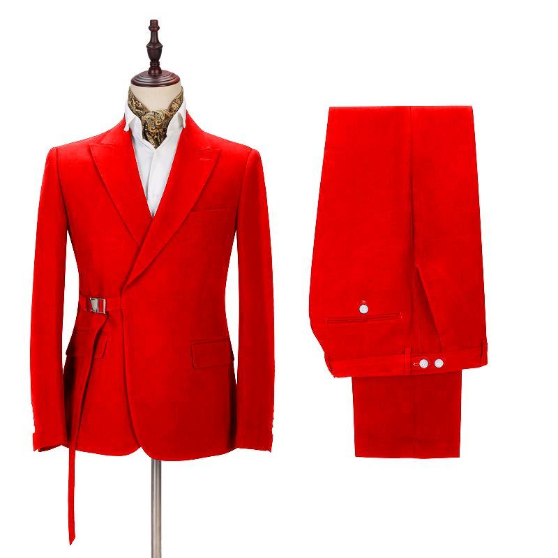 Popular Slim Fit Bright Red Summer Wedding Suit with Peak Lapel and Buckle Button