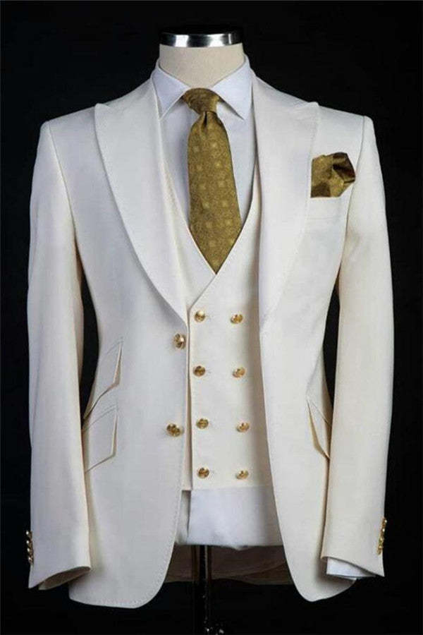 Popular Three-Piece White Wedding Suit with Gold Buttons for Men's Events