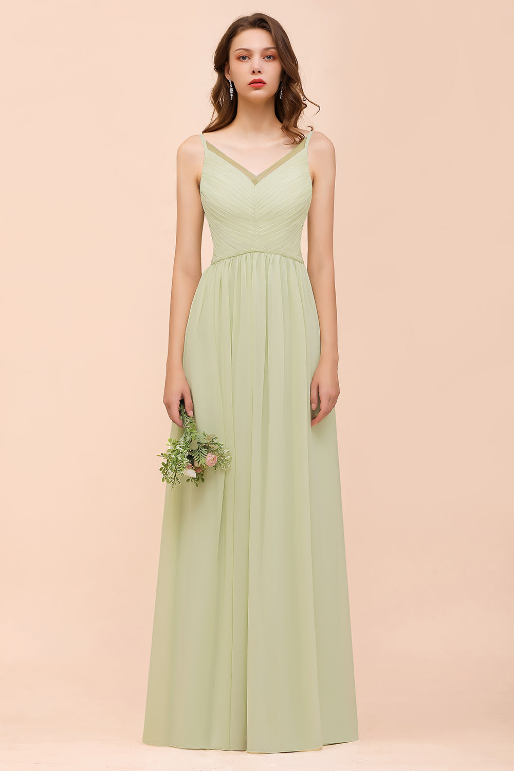 Popular V-Neck Sage Chiffon Affordable Bridesmaid Dress with Low Back-Babyonlines