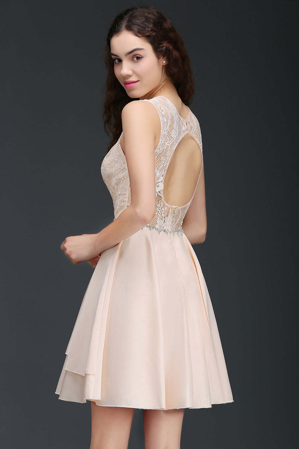 Pretty Lace Backless Short Pink Bridesmaid Dresses with Beadings-Babyonlines