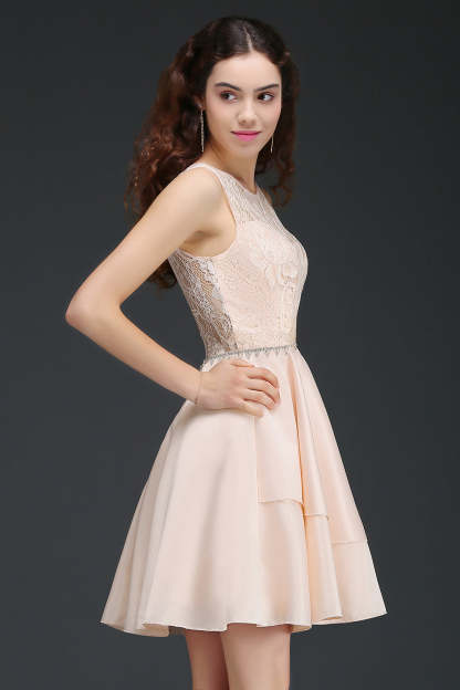 Pretty Lace Backless Short Pink Bridesmaid Dresses with Beadings-Babyonlines