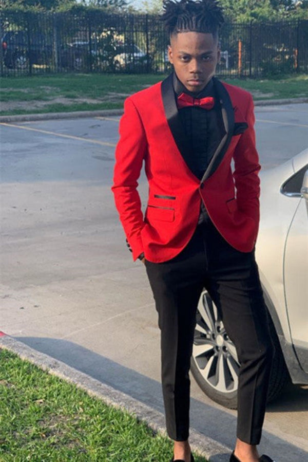Red One-Button Prom Suit with Black Shawl Lapel for Party