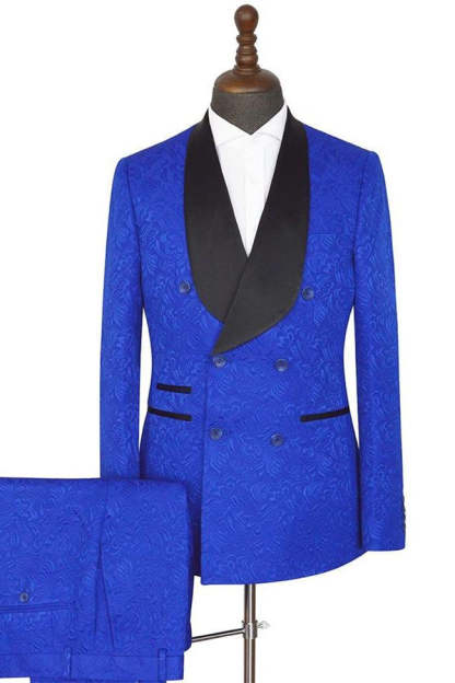 Royal Blue Easy Fit Double-Breasted Jacquard Wedding Suit with Shawl Lapel