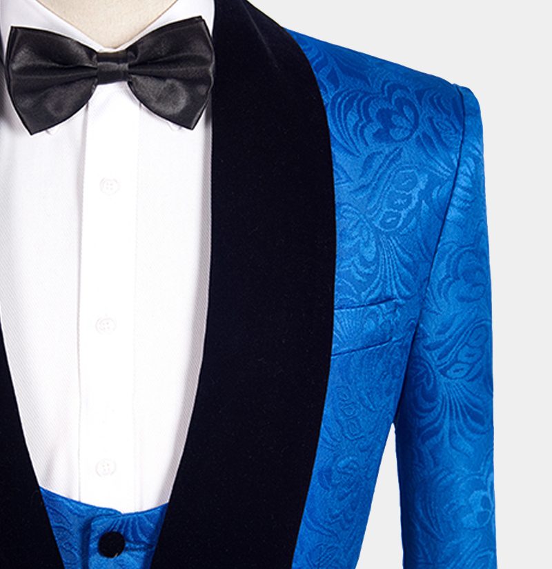 Royal Blue Floral Jacquard Wedding Suit - Three Pieces for Men