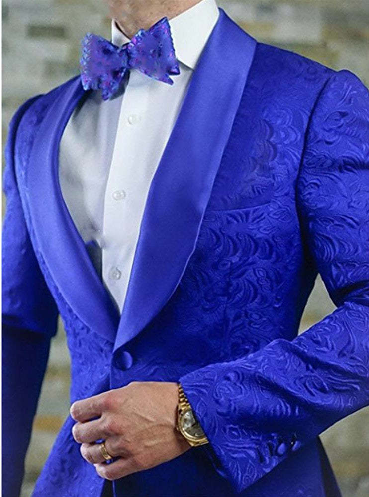 Royal Blue Two Pieces Jacquard Shawl Lapel Wedding Blazer