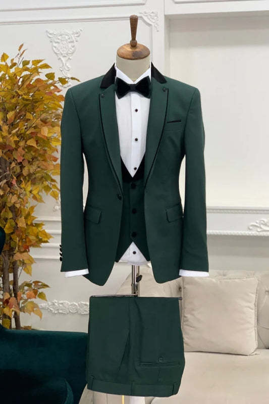 Russell Dark Green Notched Lapel Three Pieces Chic Prom Suits For Men