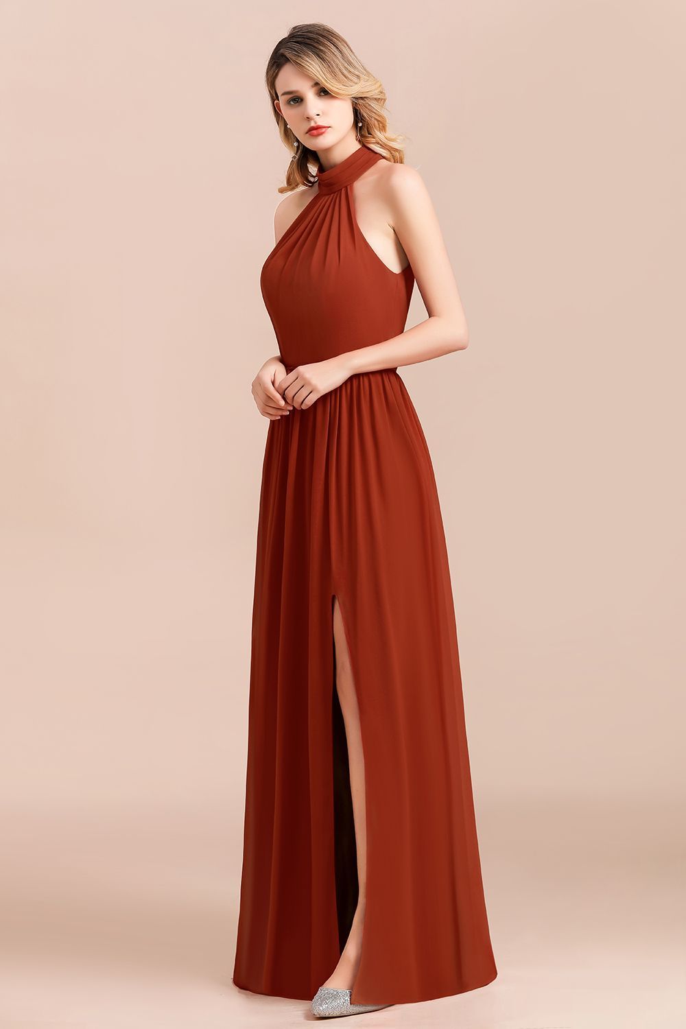 Rust Halter Long Bridesmaid Dresses Online With Front Split-Babyonlines