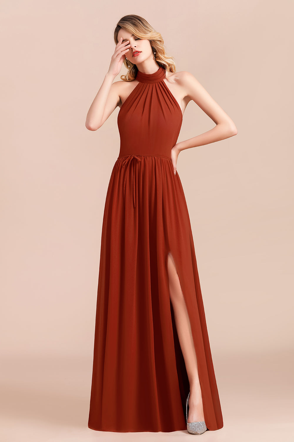 Rust Halter Long Bridesmaid Dresses Online With Front Split-Babyonlines