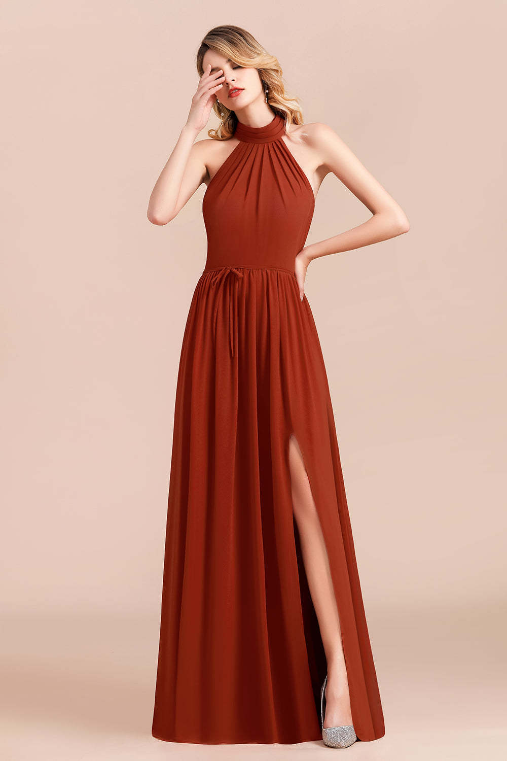 Rust Halter Long Bridesmaid Dresses Online With Front Split-Babyonlines