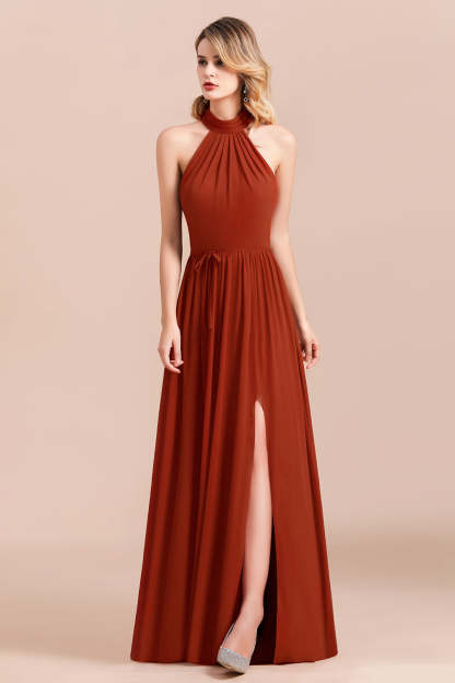 Rust Halter Long Bridesmaid Dresses Online With Front Split-Babyonlines