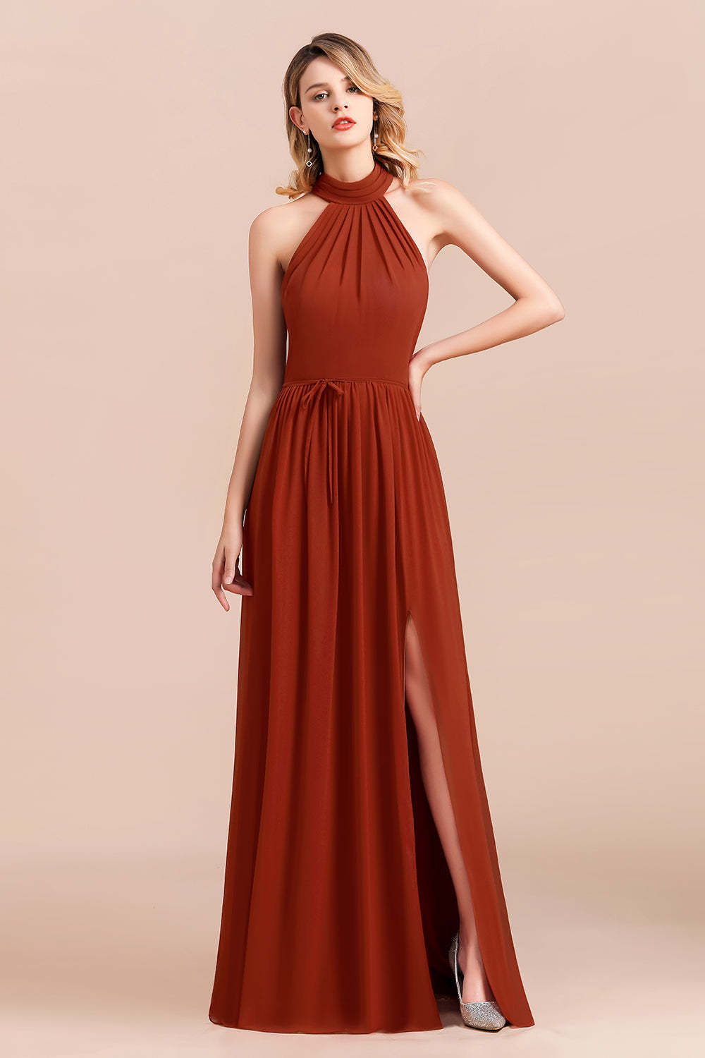 Rust Halter Long Bridesmaid Dresses Online With Front Split-Babyonlines