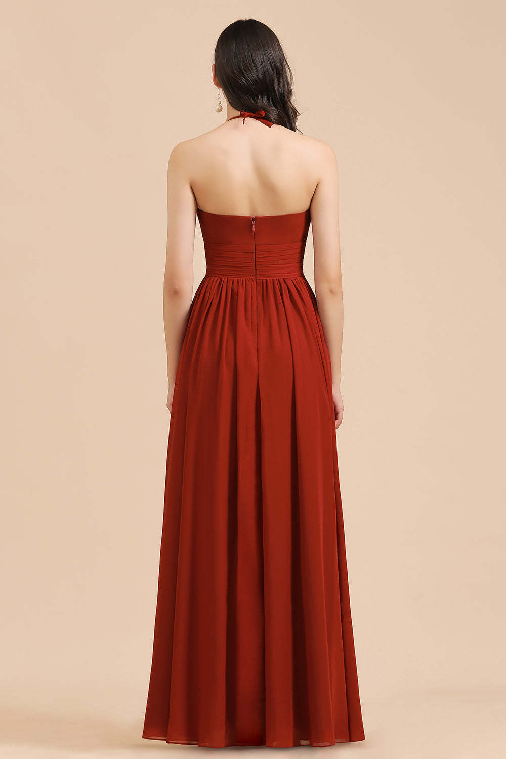 Rust Halter A-line Long Chiffon Zipper Bridesmaid Dress Bridesmaidress UK