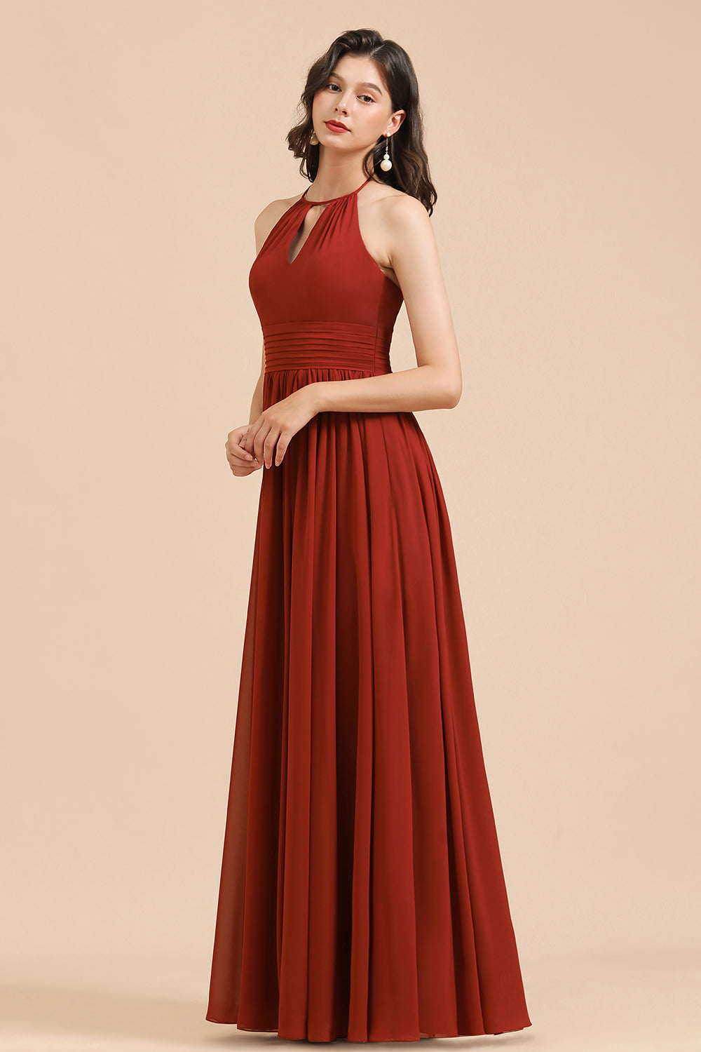 Rust Halter A-line Long Chiffon Zipper Bridesmaid Dress Bridesmaidress UK