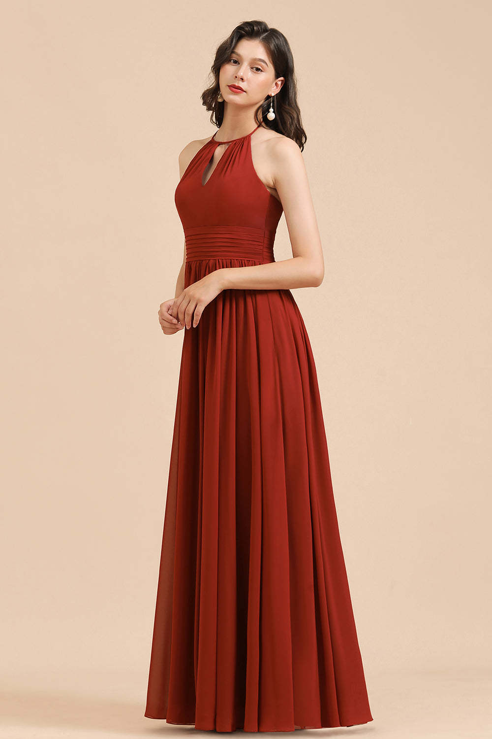 Rust Halter A-line Long Chiffon Zipper Bridesmaid Dress Bridesmaidress UK