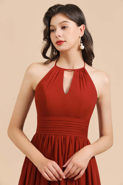 Rust Halter A-line Long Chiffon Zipper Bridesmaid Dress Bridesmaidress UK