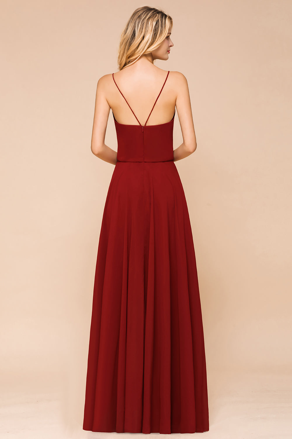 Rust Spaghetti-Starps Long Chiffon Bridesmaid Dresses Online-Babyonlines