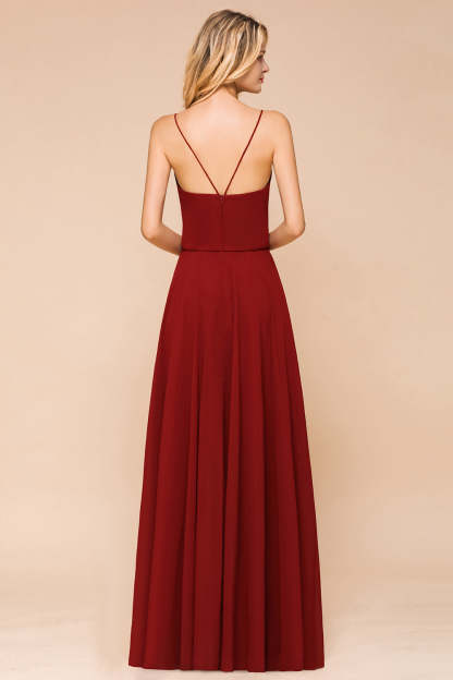 Rust Spaghetti-Starps Long Chiffon Bridesmaid Dresses Online-Babyonlines