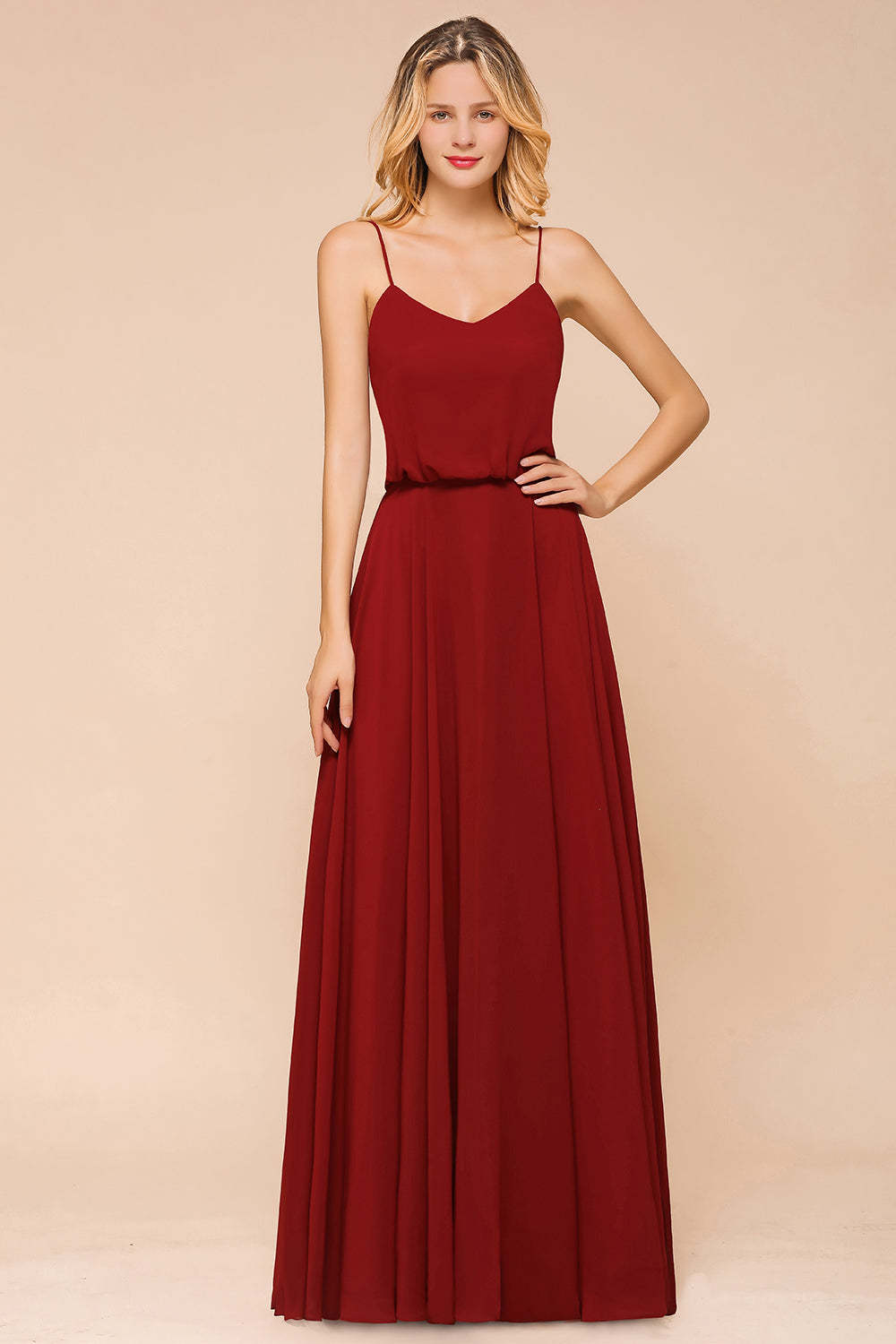 Rust Spaghetti-Starps Long Chiffon Bridesmaid Dresses Online-Babyonlines