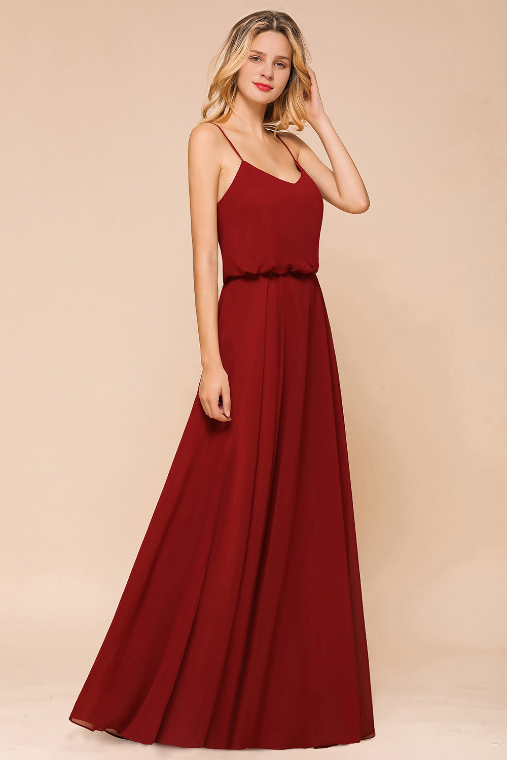 Rust Spaghetti-Starps Long Chiffon Bridesmaid Dresses Online-Babyonlines