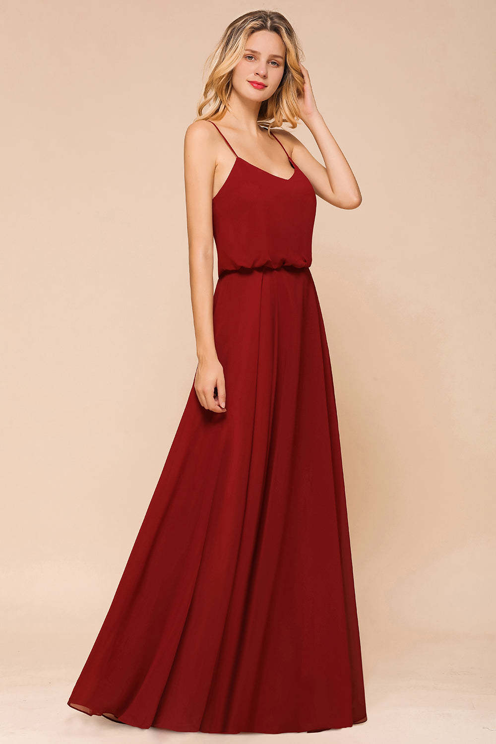 Rust Spaghetti-Starps Long Chiffon Bridesmaid Dresses Online-Babyonlines