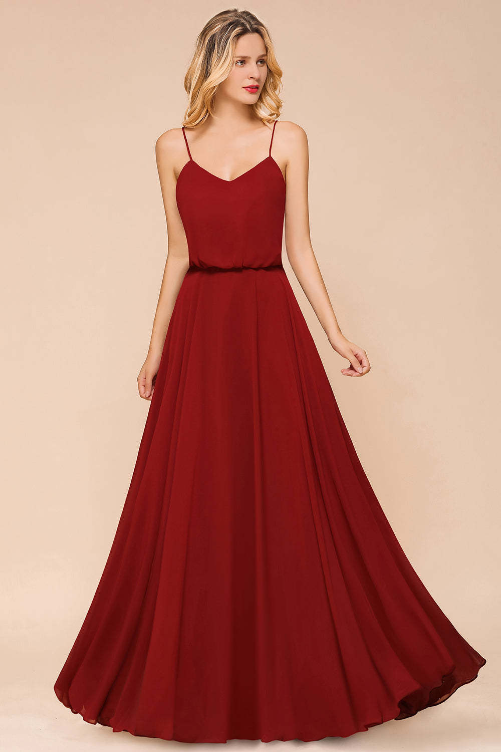 Rust Spaghetti-Starps Long Chiffon Bridesmaid Dresses Online-Babyonlines