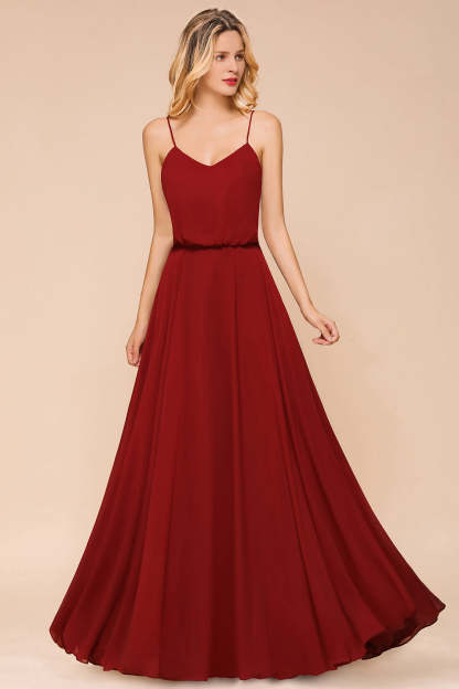 Rust Spaghetti-Starps Long Chiffon Bridesmaid Dresses Online-Babyonlines