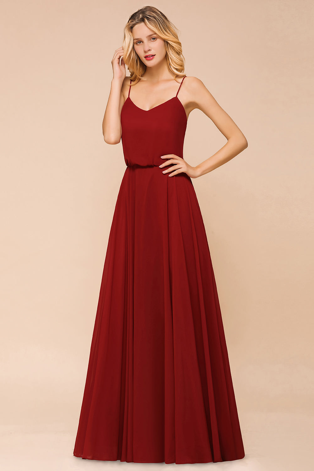 Rust Spaghetti-Starps Long Chiffon Bridesmaid Dresses Online-Babyonlines