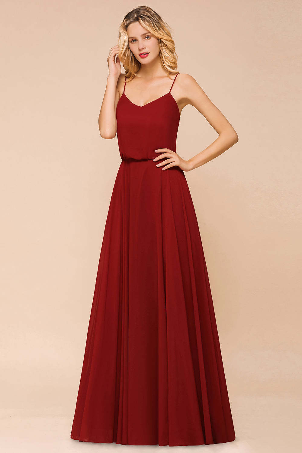 Rust Spaghetti-Starps Long Chiffon Bridesmaid Dresses Online-Babyonlines