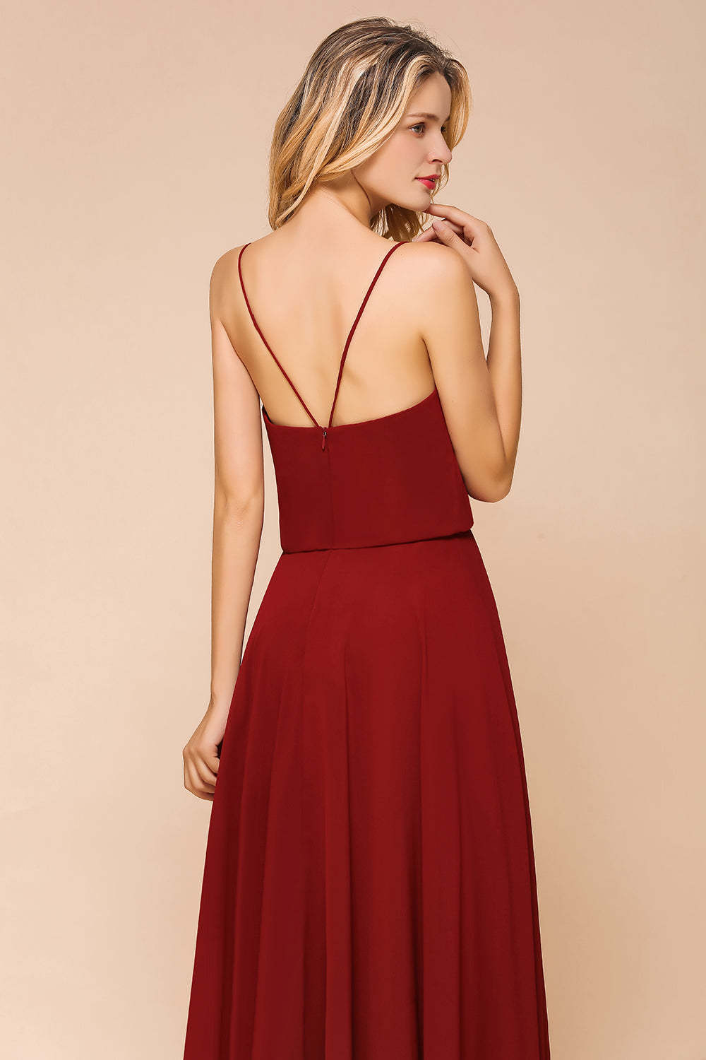 Rust Spaghetti-Starps Long Chiffon Bridesmaid Dresses Online-Babyonlines