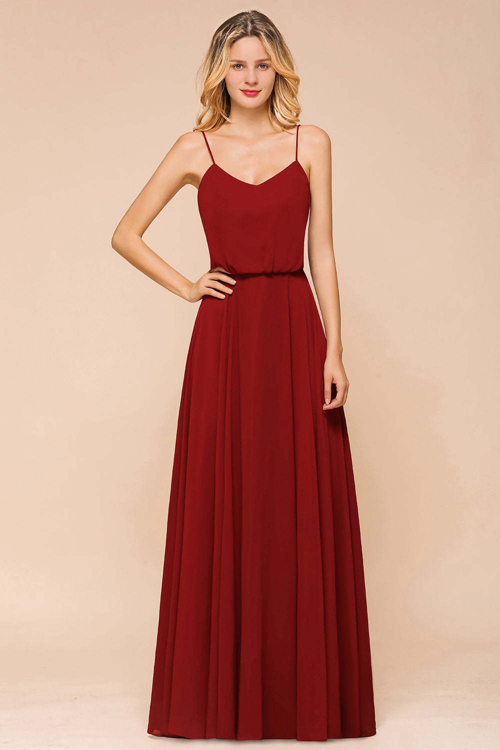 Rust Spaghetti-Starps Long Chiffon Bridesmaid Dresses Online-Babyonlines